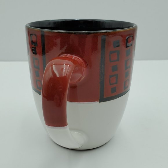 Pfaltzgraff Everyday Jaxson Mugs Black Squares on Deep Brick Red Border - Picture 9 of 9